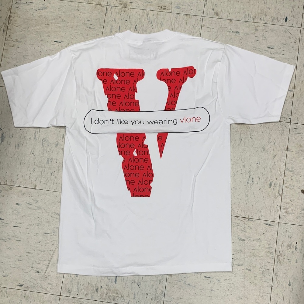 White Graphic Tee with 'I don't like you wearing vlone' Print